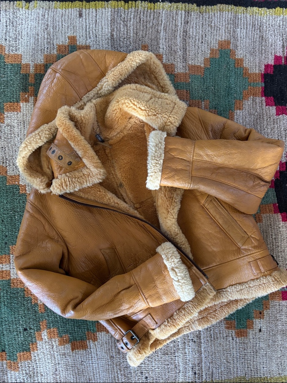 Mustard Shearling-Lined Leather Hooded Jacket